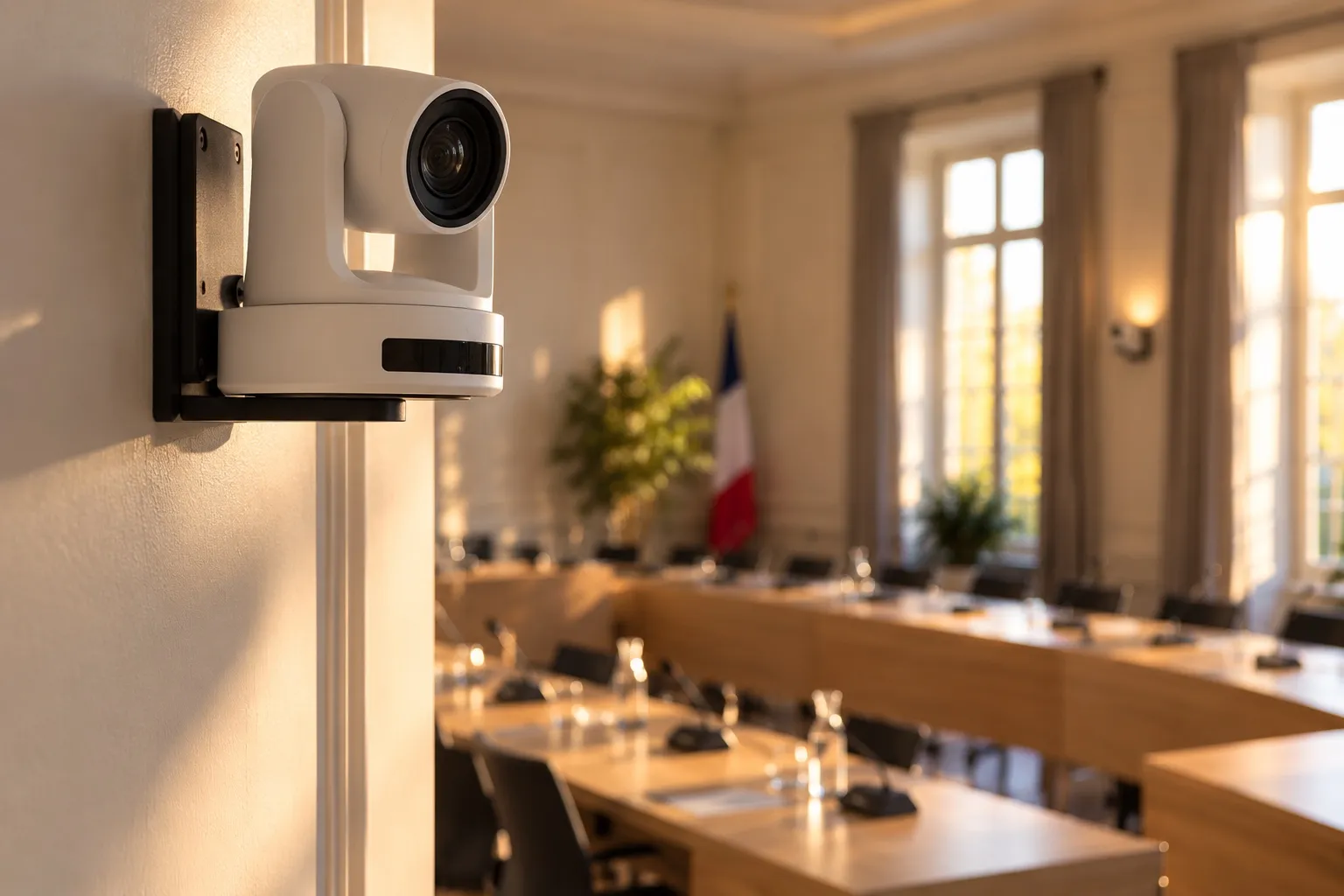 Caméra motorisée blanche fixée au mur de la salle du conseil, au-dessus des tables des élus