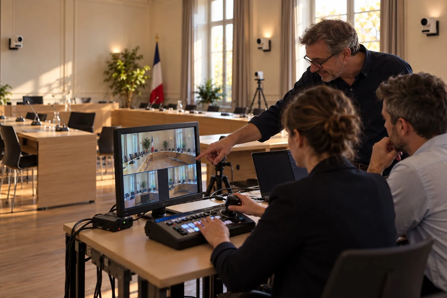 Deux agents municipaux à la table de régie pendant une formation, le formateur montre l'écran de contrôle